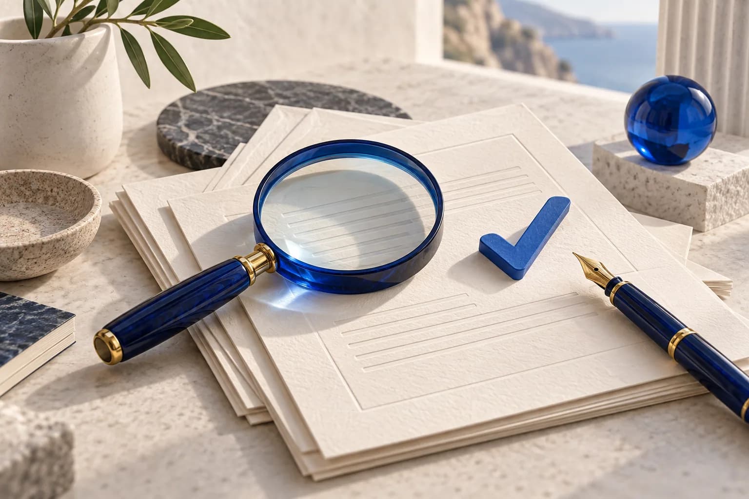 Caneta azul e lupa sobre páginas editoriais, representando revisão humana de conteúdo.