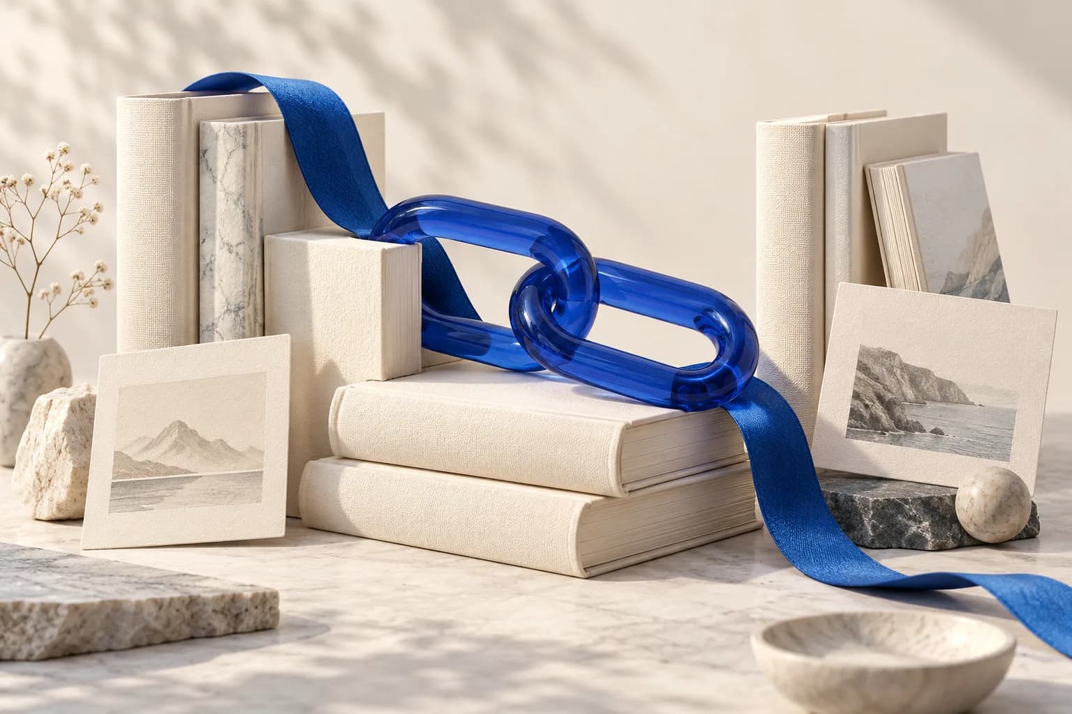 Livros e documentos conectados por elos de vidro azul, representando referências na web.