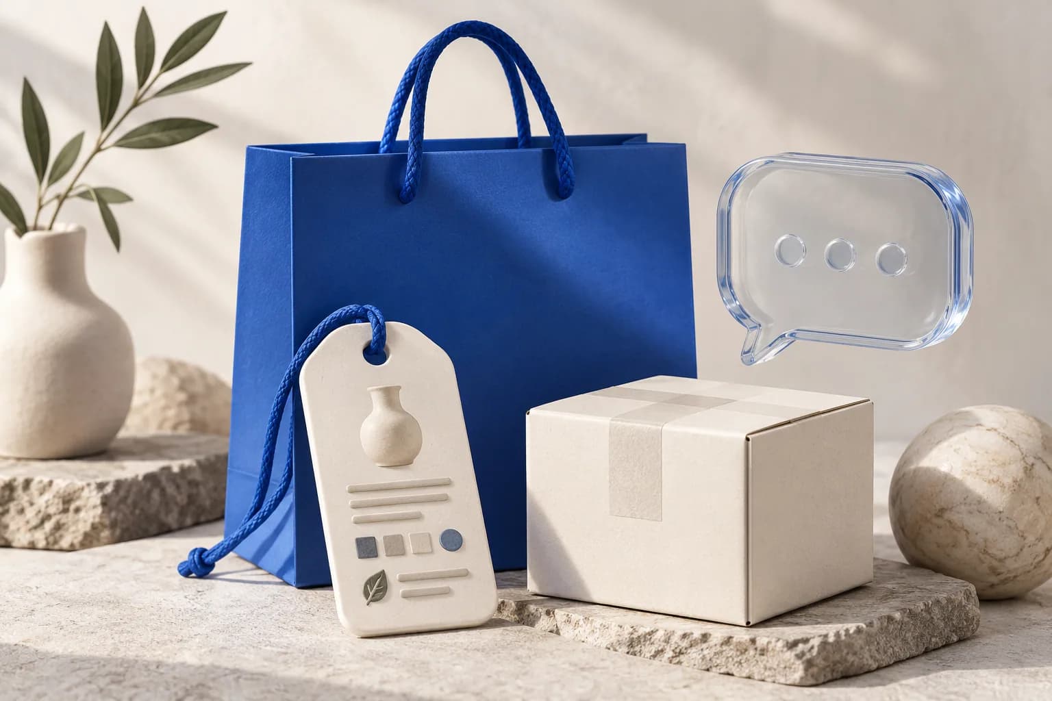 Sacola de compras azul, caixa e cartão de produto em uma composição de cerâmica e vidro.