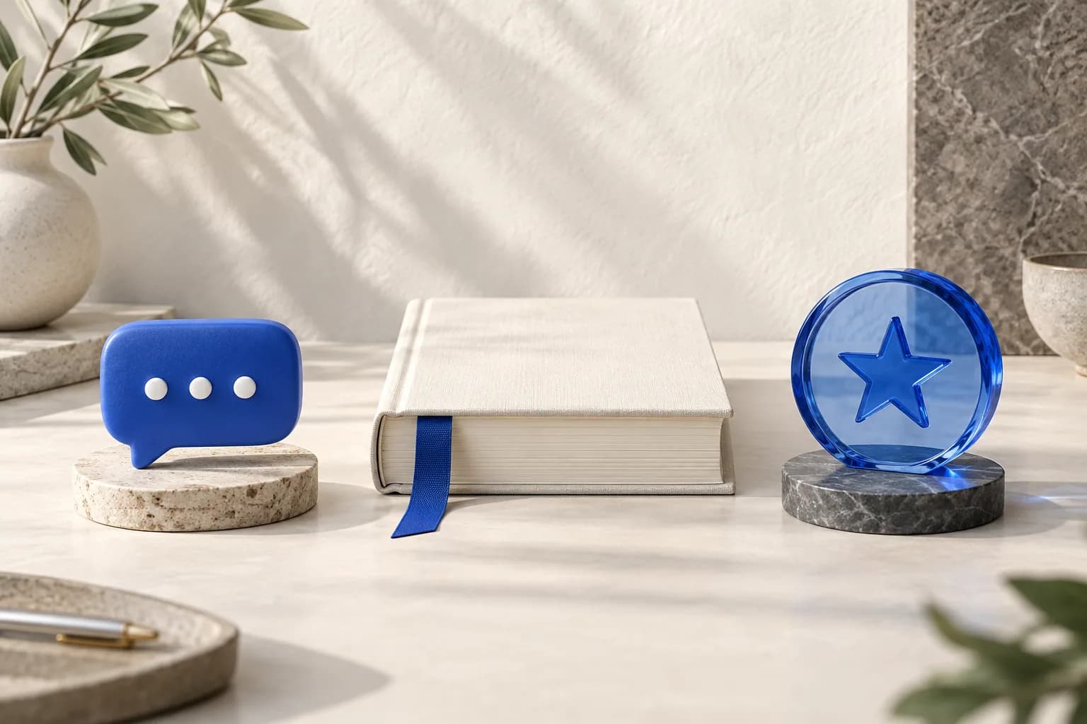 Balão de conversa, livro com marcador azul e medalhão com estrela, representando menção, citação e recomendação.